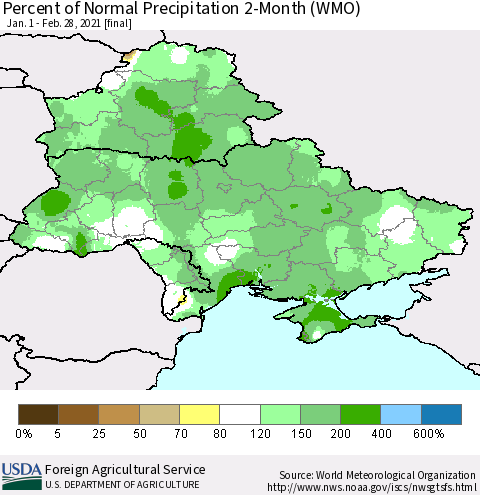 Ukraine, Moldova and Belarus Percent of Normal Precipitation 2-Month (WMO) Thematic Map For 1/1/2021 - 2/28/2021