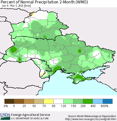 Ukraine, Moldova and Belarus Percent of Normal Precipitation 2-Month (WMO) Thematic Map For 1/6/2021 - 3/5/2021