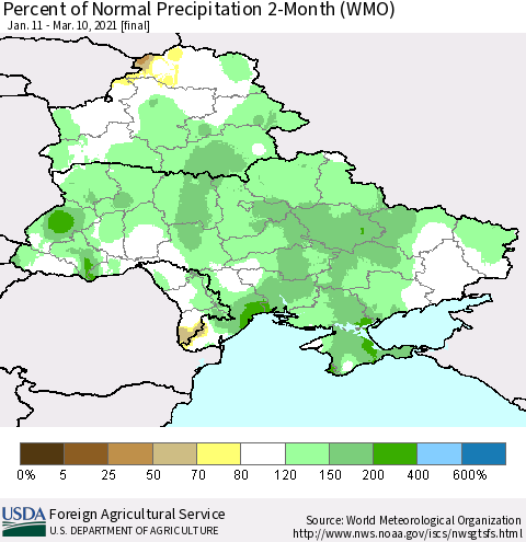 Ukraine, Moldova and Belarus Percent of Normal Precipitation 2-Month (WMO) Thematic Map For 1/11/2021 - 3/10/2021