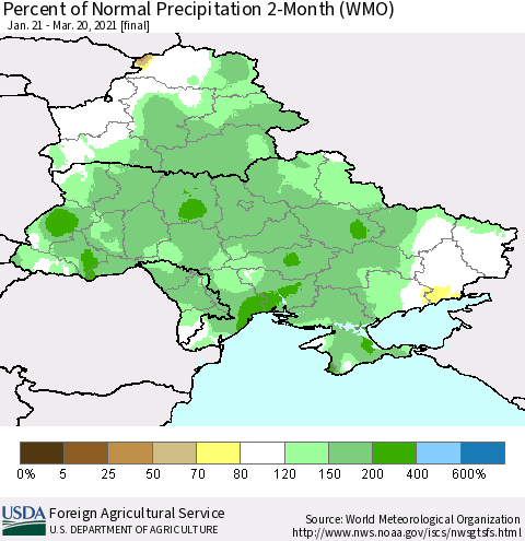 Ukraine, Moldova and Belarus Percent of Normal Precipitation 2-Month (WMO) Thematic Map For 1/21/2021 - 3/20/2021
