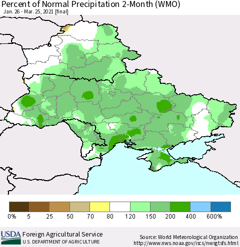 Ukraine, Moldova and Belarus Percent of Normal Precipitation 2-Month (WMO) Thematic Map For 1/26/2021 - 3/25/2021