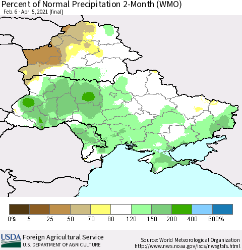 Ukraine, Moldova and Belarus Percent of Normal Precipitation 2-Month (WMO) Thematic Map For 2/6/2021 - 4/5/2021
