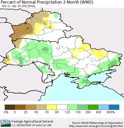 Ukraine, Moldova and Belarus Percent of Normal Precipitation 2-Month (WMO) Thematic Map For 2/11/2021 - 4/10/2021