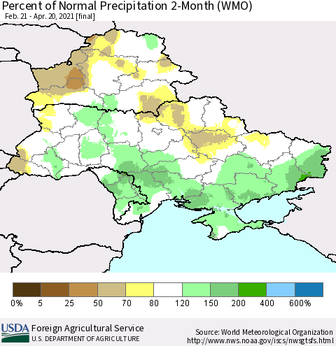 Ukraine, Moldova and Belarus Percent of Normal Precipitation 2-Month (WMO) Thematic Map For 2/21/2021 - 4/20/2021
