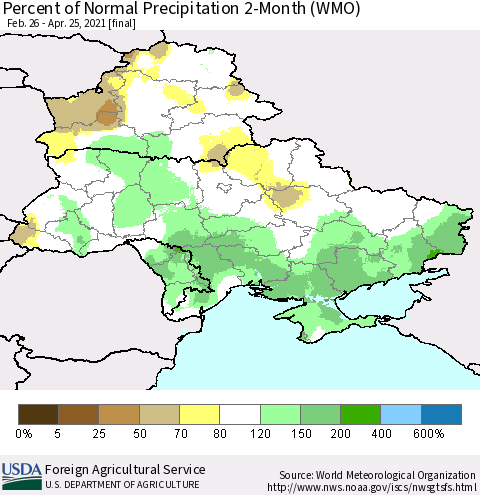 Ukraine, Moldova and Belarus Percent of Normal Precipitation 2-Month (WMO) Thematic Map For 2/26/2021 - 4/25/2021