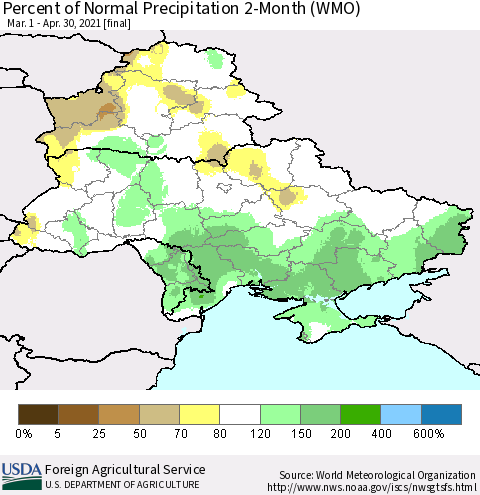 Ukraine, Moldova and Belarus Percent of Normal Precipitation 2-Month (WMO) Thematic Map For 3/1/2021 - 4/30/2021