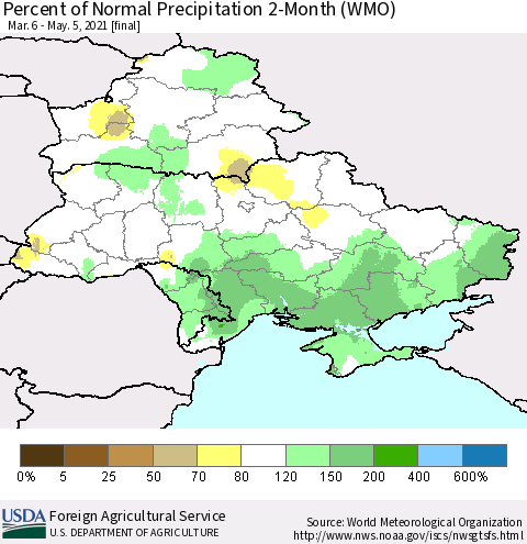 Ukraine, Moldova and Belarus Percent of Normal Precipitation 2-Month (WMO) Thematic Map For 3/6/2021 - 5/5/2021