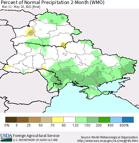 Ukraine, Moldova and Belarus Percent of Normal Precipitation 2-Month (WMO) Thematic Map For 3/11/2021 - 5/10/2021