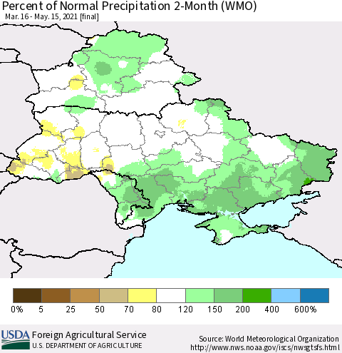 Ukraine, Moldova and Belarus Percent of Normal Precipitation 2-Month (WMO) Thematic Map For 3/16/2021 - 5/15/2021