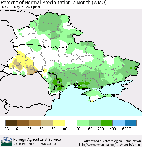 Ukraine, Moldova and Belarus Percent of Normal Precipitation 2-Month (WMO) Thematic Map For 3/21/2021 - 5/20/2021