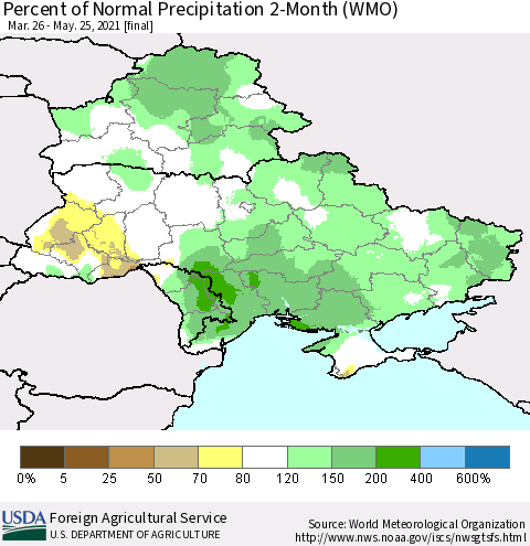 Ukraine, Moldova and Belarus Percent of Normal Precipitation 2-Month (WMO) Thematic Map For 3/26/2021 - 5/25/2021