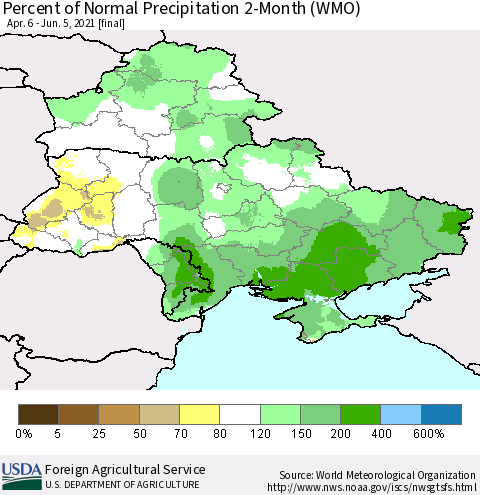 Ukraine, Moldova and Belarus Percent of Normal Precipitation 2-Month (WMO) Thematic Map For 4/6/2021 - 6/5/2021
