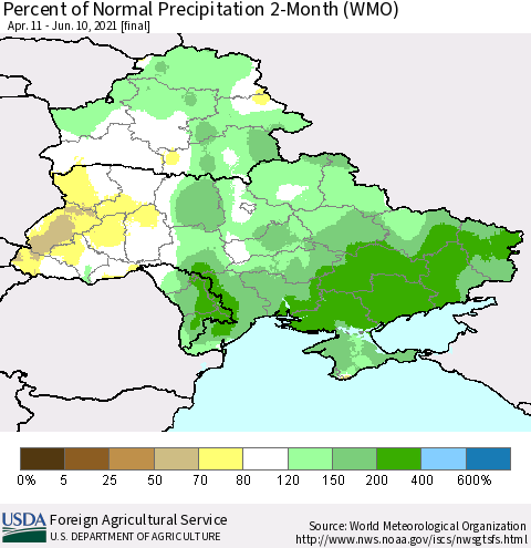 Ukraine, Moldova and Belarus Percent of Normal Precipitation 2-Month (WMO) Thematic Map For 4/11/2021 - 6/10/2021
