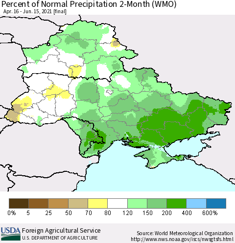 Ukraine, Moldova and Belarus Percent of Normal Precipitation 2-Month (WMO) Thematic Map For 4/16/2021 - 6/15/2021