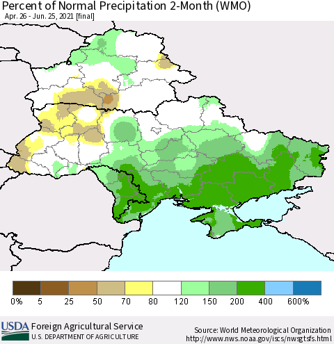 Ukraine, Moldova and Belarus Percent of Normal Precipitation 2-Month (WMO) Thematic Map For 4/26/2021 - 6/25/2021