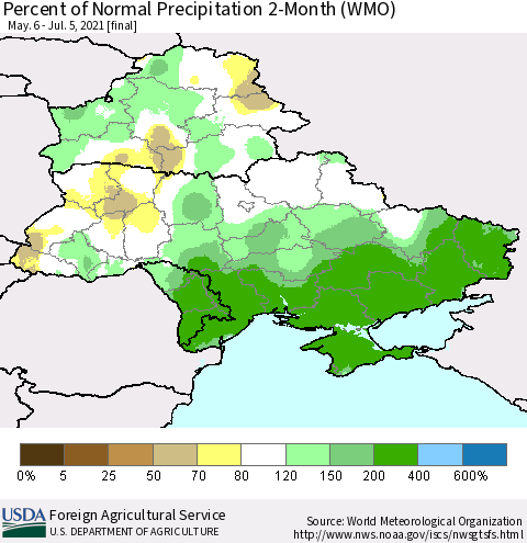 Ukraine, Moldova and Belarus Percent of Normal Precipitation 2-Month (WMO) Thematic Map For 5/6/2021 - 7/5/2021