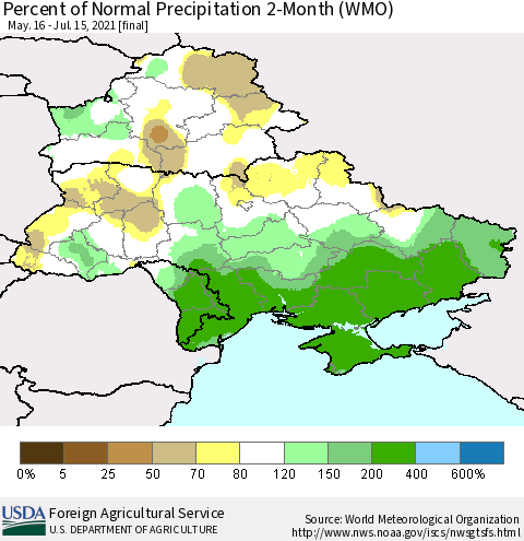 Ukraine, Moldova and Belarus Percent of Normal Precipitation 2-Month (WMO) Thematic Map For 5/16/2021 - 7/15/2021