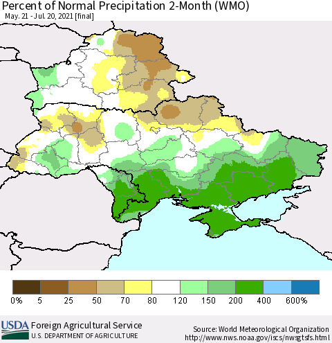 Ukraine, Moldova and Belarus Percent of Normal Precipitation 2-Month (WMO) Thematic Map For 5/21/2021 - 7/20/2021
