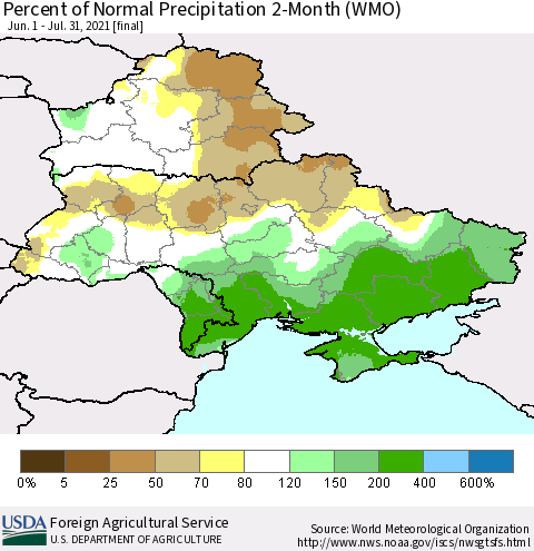 Ukraine, Moldova and Belarus Percent of Normal Precipitation 2-Month (WMO) Thematic Map For 6/1/2021 - 7/31/2021