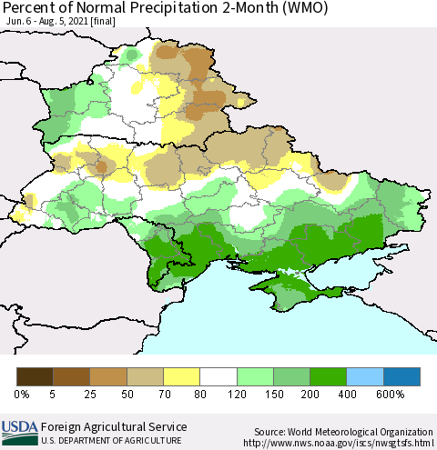 Ukraine, Moldova and Belarus Percent of Normal Precipitation 2-Month (WMO) Thematic Map For 6/6/2021 - 8/5/2021