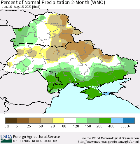 Ukraine, Moldova and Belarus Percent of Normal Precipitation 2-Month (WMO) Thematic Map For 6/16/2021 - 8/15/2021