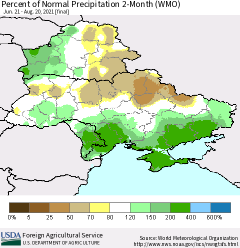 Ukraine, Moldova and Belarus Percent of Normal Precipitation 2-Month (WMO) Thematic Map For 6/21/2021 - 8/20/2021