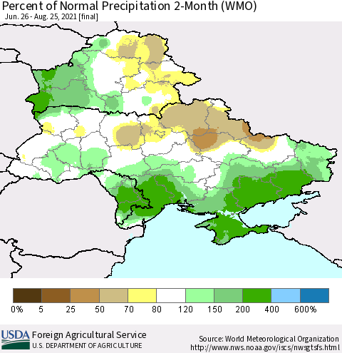 Ukraine, Moldova and Belarus Percent of Normal Precipitation 2-Month (WMO) Thematic Map For 6/26/2021 - 8/25/2021