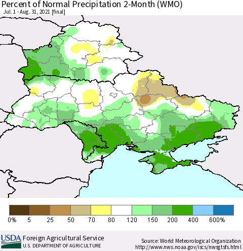 Ukraine, Moldova and Belarus Percent of Normal Precipitation 2-Month (WMO) Thematic Map For 7/1/2021 - 8/31/2021