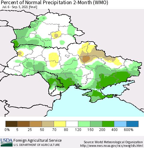 Ukraine, Moldova and Belarus Percent of Normal Precipitation 2-Month (WMO) Thematic Map For 7/6/2021 - 9/5/2021