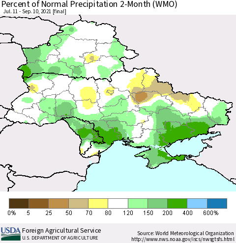Ukraine, Moldova and Belarus Percent of Normal Precipitation 2-Month (WMO) Thematic Map For 7/11/2021 - 9/10/2021