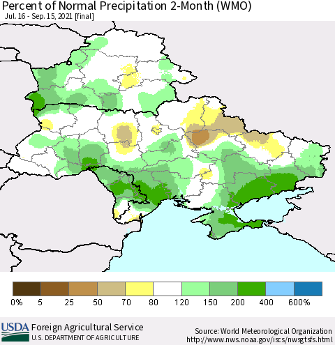 Ukraine, Moldova and Belarus Percent of Normal Precipitation 2-Month (WMO) Thematic Map For 7/16/2021 - 9/15/2021