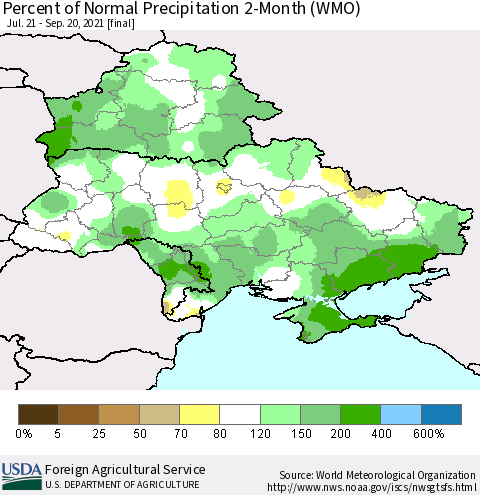 Ukraine, Moldova and Belarus Percent of Normal Precipitation 2-Month (WMO) Thematic Map For 7/21/2021 - 9/20/2021