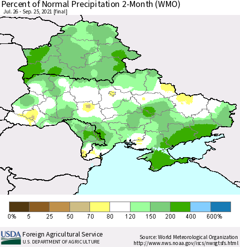 Ukraine, Moldova and Belarus Percent of Normal Precipitation 2-Month (WMO) Thematic Map For 7/26/2021 - 9/25/2021