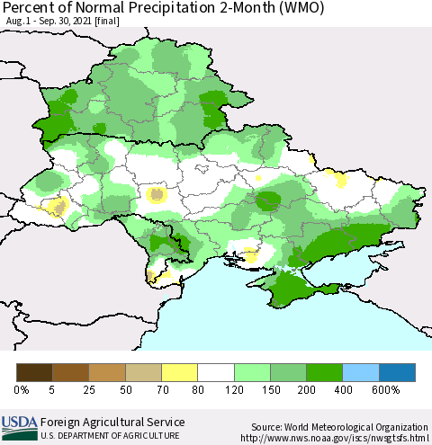 Ukraine, Moldova and Belarus Percent of Normal Precipitation 2-Month (WMO) Thematic Map For 8/1/2021 - 9/30/2021