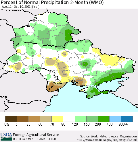 Ukraine, Moldova and Belarus Percent of Normal Precipitation 2-Month (WMO) Thematic Map For 8/11/2021 - 10/10/2021