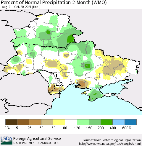 Ukraine, Moldova and Belarus Percent of Normal Precipitation 2-Month (WMO) Thematic Map For 8/21/2021 - 10/20/2021