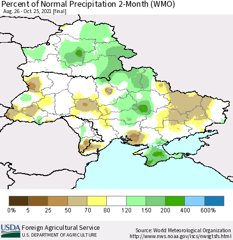 Ukraine, Moldova and Belarus Percent of Normal Precipitation 2-Month (WMO) Thematic Map For 8/26/2021 - 10/25/2021
