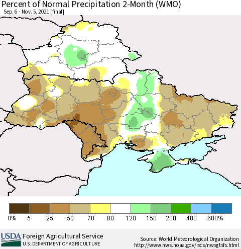 Ukraine, Moldova and Belarus Percent of Normal Precipitation 2-Month (WMO) Thematic Map For 9/6/2021 - 11/5/2021