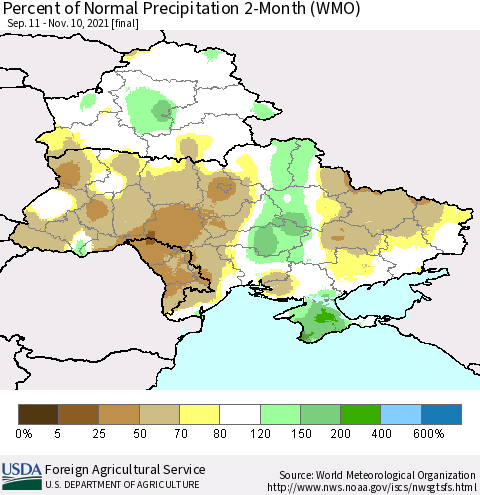 Ukraine, Moldova and Belarus Percent of Normal Precipitation 2-Month (WMO) Thematic Map For 9/11/2021 - 11/10/2021