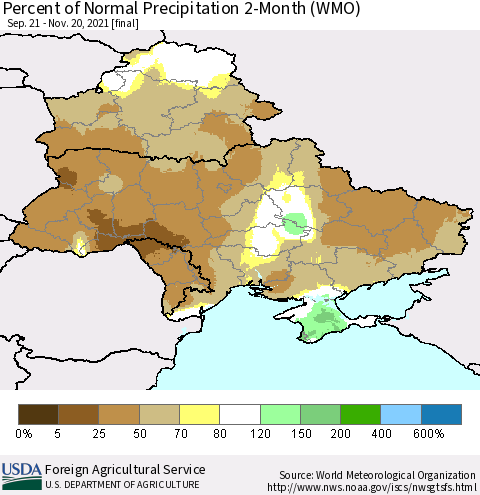 Ukraine, Moldova and Belarus Percent of Normal Precipitation 2-Month (WMO) Thematic Map For 9/21/2021 - 11/20/2021