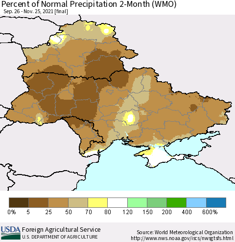 Ukraine, Moldova and Belarus Percent of Normal Precipitation 2-Month (WMO) Thematic Map For 9/26/2021 - 11/25/2021