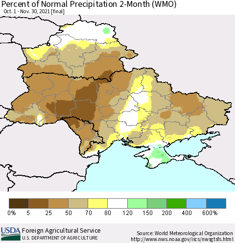 Ukraine, Moldova and Belarus Percent of Normal Precipitation 2-Month (WMO) Thematic Map For 10/1/2021 - 11/30/2021
