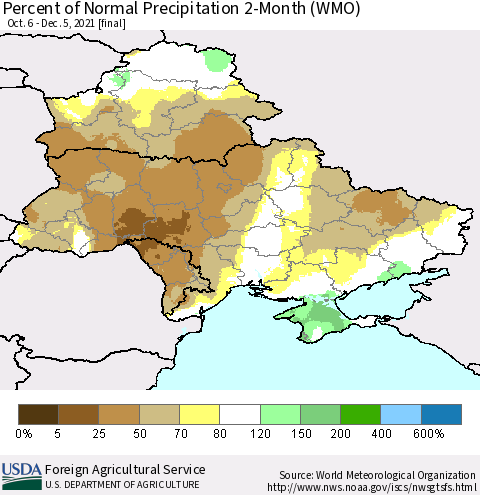 Ukraine, Moldova and Belarus Percent of Normal Precipitation 2-Month (WMO) Thematic Map For 10/6/2021 - 12/5/2021