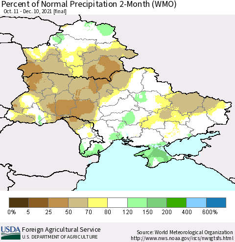 Ukraine, Moldova and Belarus Percent of Normal Precipitation 2-Month (WMO) Thematic Map For 10/11/2021 - 12/10/2021