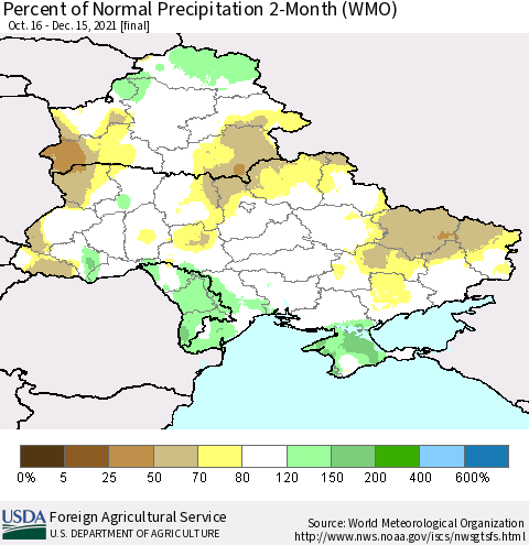 Ukraine, Moldova and Belarus Percent of Normal Precipitation 2-Month (WMO) Thematic Map For 10/16/2021 - 12/15/2021