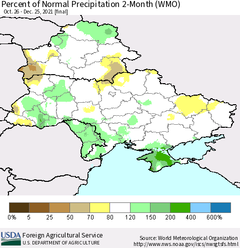 Ukraine, Moldova and Belarus Percent of Normal Precipitation 2-Month (WMO) Thematic Map For 10/26/2021 - 12/25/2021