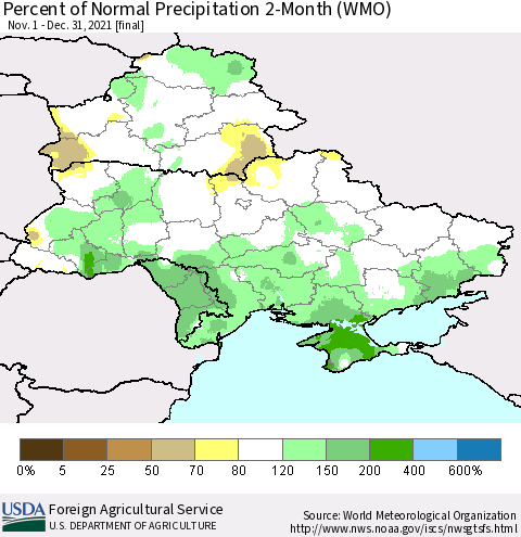 Ukraine, Moldova and Belarus Percent of Normal Precipitation 2-Month (WMO) Thematic Map For 11/1/2021 - 12/31/2021