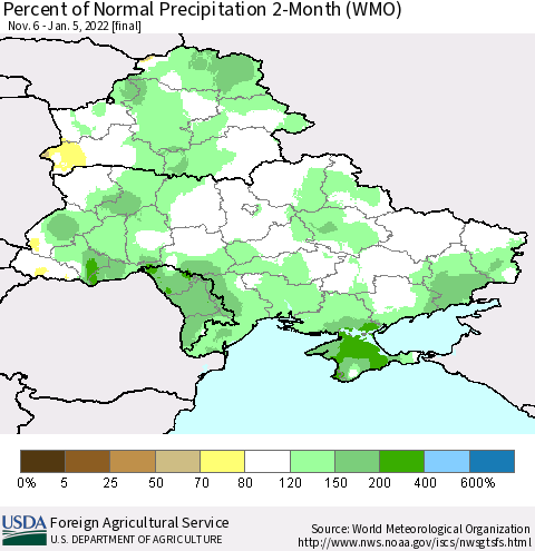 Ukraine, Moldova and Belarus Percent of Normal Precipitation 2-Month (WMO) Thematic Map For 11/6/2021 - 1/5/2022