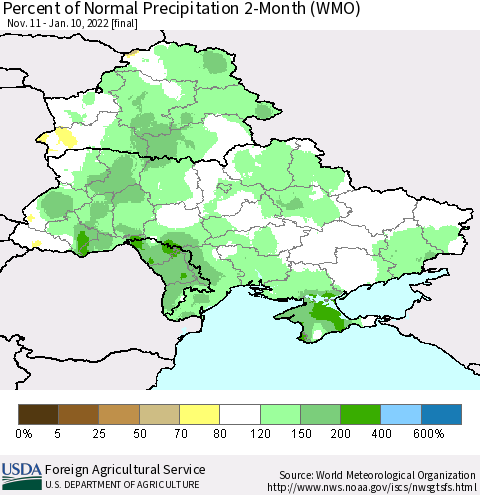 Ukraine, Moldova and Belarus Percent of Normal Precipitation 2-Month (WMO) Thematic Map For 11/11/2021 - 1/10/2022
