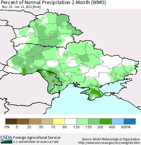 Ukraine, Moldova and Belarus Percent of Normal Precipitation 2-Month (WMO) Thematic Map For 11/16/2021 - 1/15/2022